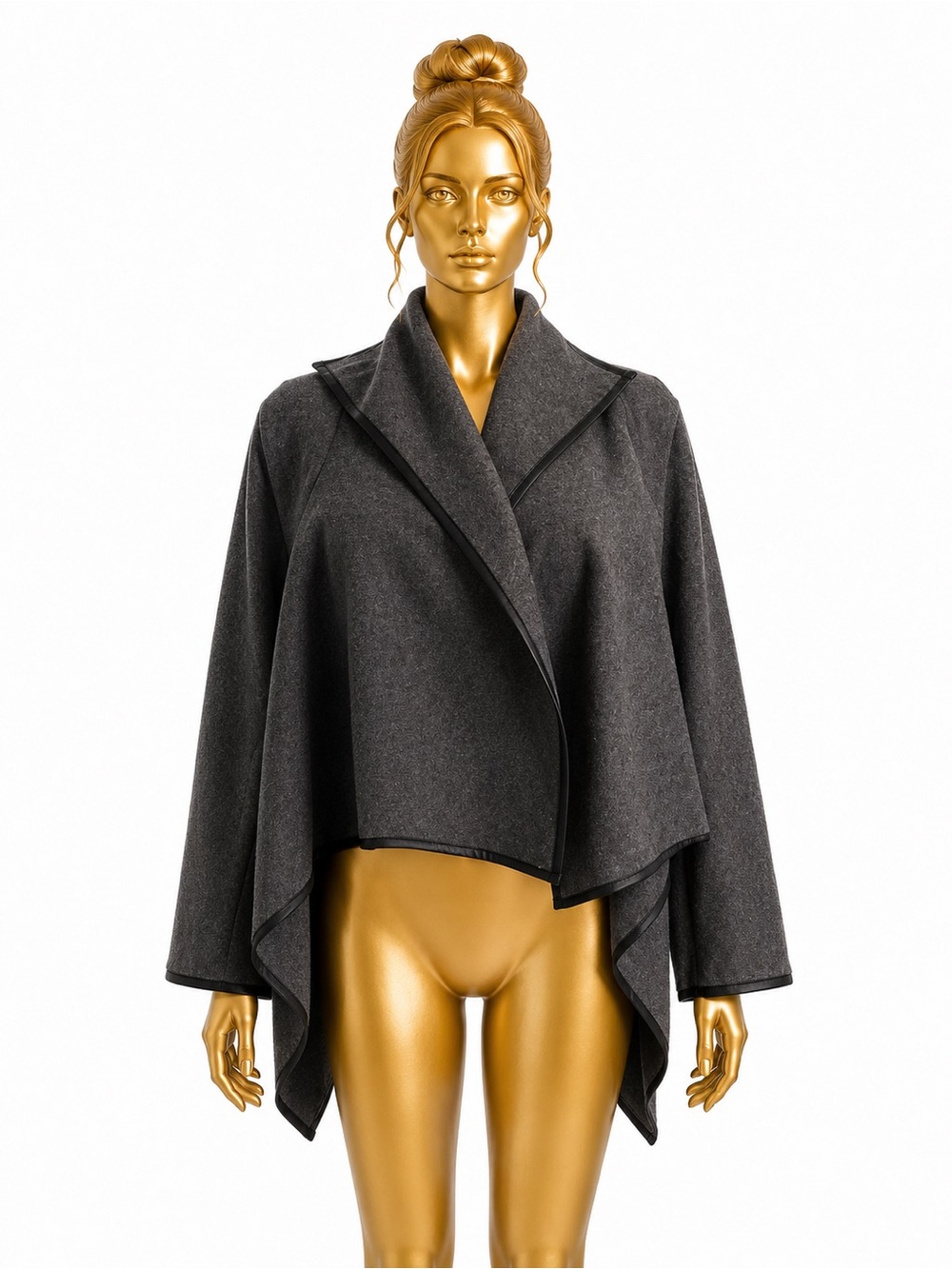 Classic Draped Open-Front Cape Jacket - Charcoal Faux leather trim
